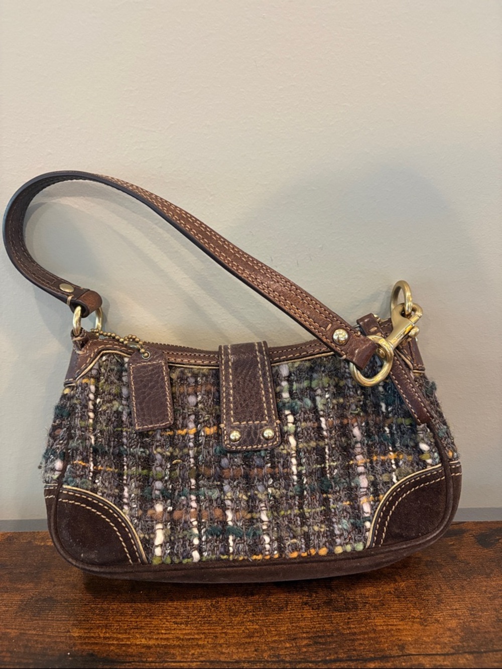 Vintage Y2K Coach Chelsea Tweed Boucle Suede Shoulder Bag Small Purse Handbag - Picture 2 of 7